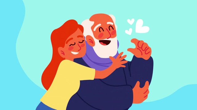 Happy grandfather smiling happily as his young granddaughter hugs him affectionately from behind.