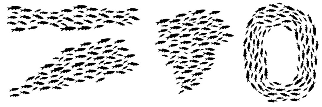 Silhouette school of fish, ocean fishes swimming in circle. Marine life, ocean group of tropical fish swim in schools vector silhouettes set