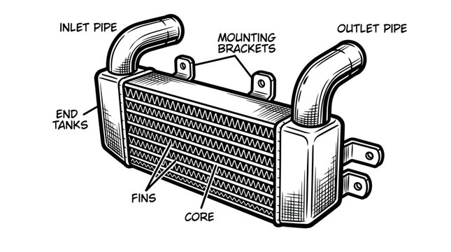 Automotive Intercooler Diagram with Labels.