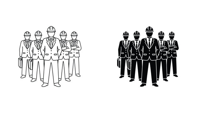 Corporate business team in hard hats icon set featuring professional outline and solid black silhouette designs for construction or engineering project management branding