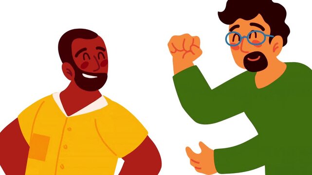 Happy men talking together including a black man smiling and a man with glasses gesturing.