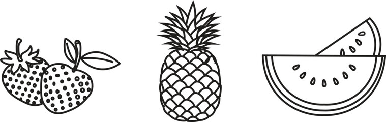 Fruit Vector Icon Set in Color and Line Art: Colorful and monochrome comic style illustrations of apple, banana, orange, grapes, strawberry, pineapple, and watermelon. Minimalist hand-drawn vector gra © MDneamul