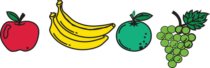 Fruit Vector Icon Set in Color and Line Art: Colorful and monochrome comic style illustrations of apple, banana, orange, grapes, strawberry, pineapple, and watermelon. Minimalist hand-drawn vector gra © MDneamul