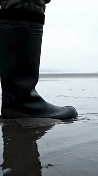 Black rubber boot splashing through shallow water outdoors