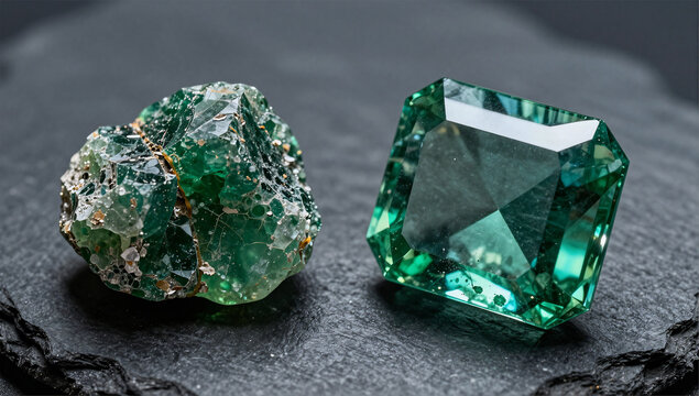 Raw and Faceted Moldavite Comparison on Dark Slate