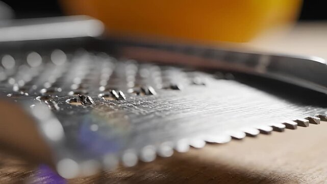 Close up of a metal grater with citrus zest on a wooden surface.