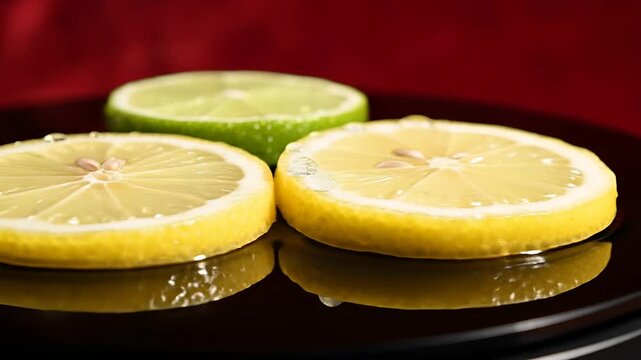 Close up of fresh lemon and lime slices on a dark plate.