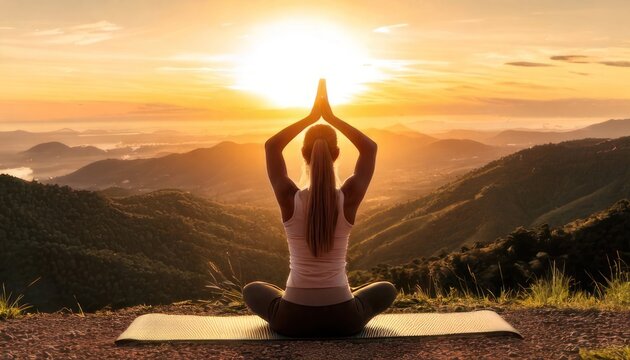 Woman meditating in lotus position at sunrise with mountain view.