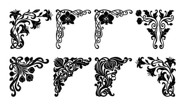 Elegant Floral Corner Ornaments, Vintage Decorative Flourishes, Ornate Swirl Accents, Set of 8 Vector Elements for Design