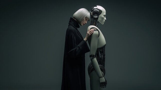 Futuristic humanoid robot and human companionship, AI evolving with humanity