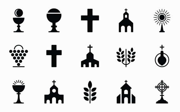 Collection of black minimalist religious icons featuring crosses chalices churches and symbolic elements for spiritual designs