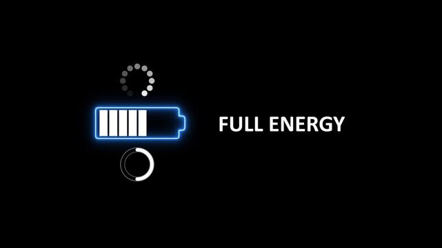 Animated battery charging to full energy with dynamic glow effect and rotating circles