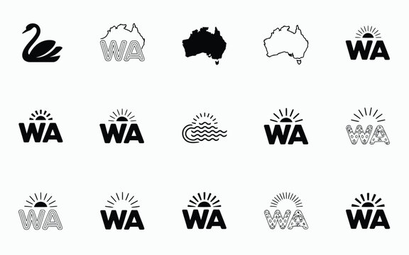 Minimalist graphic design layout showcasing bold black and white logos with symbols of australia and wa initials in clean modern typography with sleek lines and artistic accents