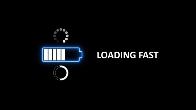 Fast charging battery animation with loading progress indicator and speed text 1. battery charging animation