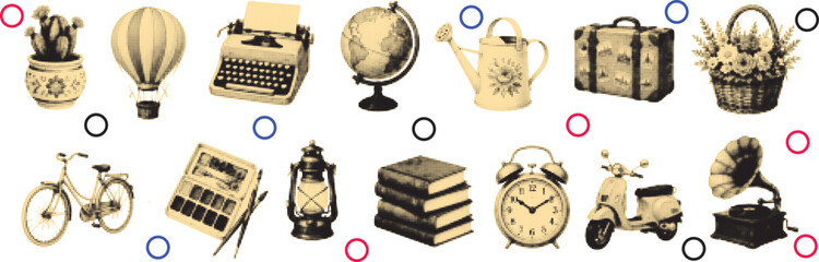 Halftone pop art collage cut out set with vintage travel lifestyle and retro decorative object vector illustration © SpiximCreation