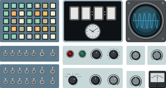 Retro Industrial Control Panel Interface with Buttons, Switches, Dials, and Monitoring Display Vector Illustration Set