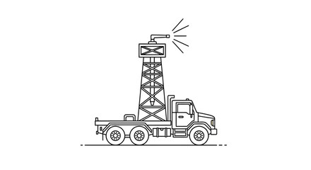 Line art illustration of a mobile drilling rig truck for industrial use © Dhiyak