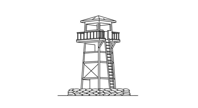 Line art illustration of a defensive observation watchtower with sandbags at its base.