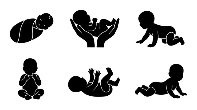 Baby Milestone Silhouettes, Newborn Stages Vector Icons Set, Infant Development Graphic Elements, Childhood Growth Collection