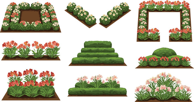 Vector illustration of flower bed garden layouts and hedge bush landscaping elements isolated on white background