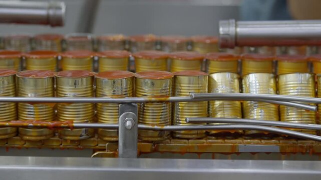 Food factory automated production line, canned food production line with metal can rows industrial conveyor factory, stainless steel packaging machine automated process, manufacturing plant food