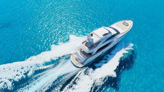Luxury yacht gliding smoothly through sparkling turquoise ocean waters with beautiful sunny sky