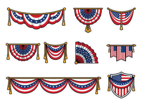 Illustration of patriotic decorations for fourth of july independence day celebration with flags and bunting 