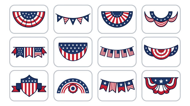 Patriotic Icon Set with USA Decorations and Symbols &ndash; 4th of July Clipart Vector Collection day celebration with flags and bunting 
