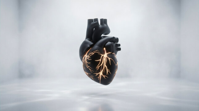 A minimalist black monolithic sculpture shaped like a human heart, floating in a misty white room, with soft warm light pulses map-glowing across its surface like emotional neural synapses, cinematic,
