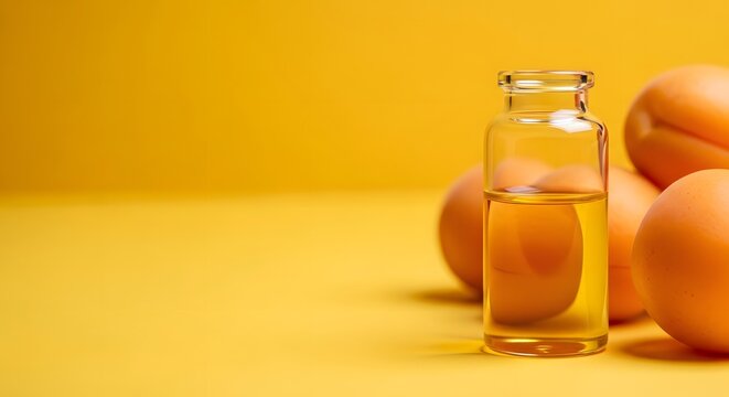 Apricot kernel oil in glass bottle with fresh fruit