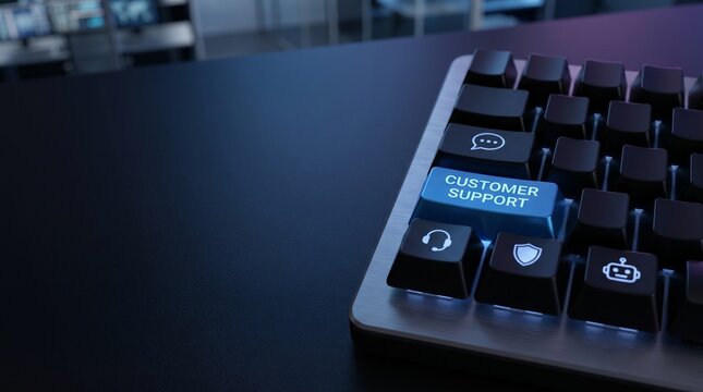Customer Support Blue Key on a Keyboard with Business Icons and Dark Minimal Copy Space for a Website Hero Header