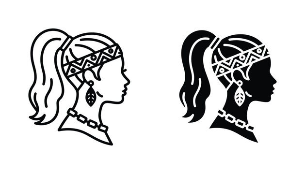 Tribal woman portrait profile vector set with traditional accessories and patterned headband