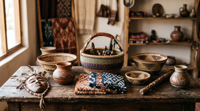 Traditional Dayak handicrafts on wooden table perfect for Gawai Dayak