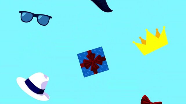 Happy father day background animation with falling mustache gift box sunglasses and bow tie icons.