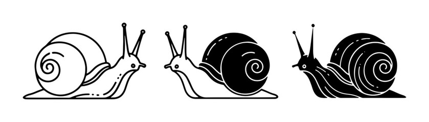 Three Stylized Snails, Black and White Vector Illustrations, Simple Line Art, Gastropod Icons for Nature and Slow Living Themes © Mostofa