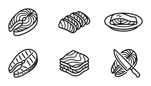 Salmon Icons Set: Raw Fish Steaks, Sliced Fillets, Grilled Portions, and Preparation Graphics