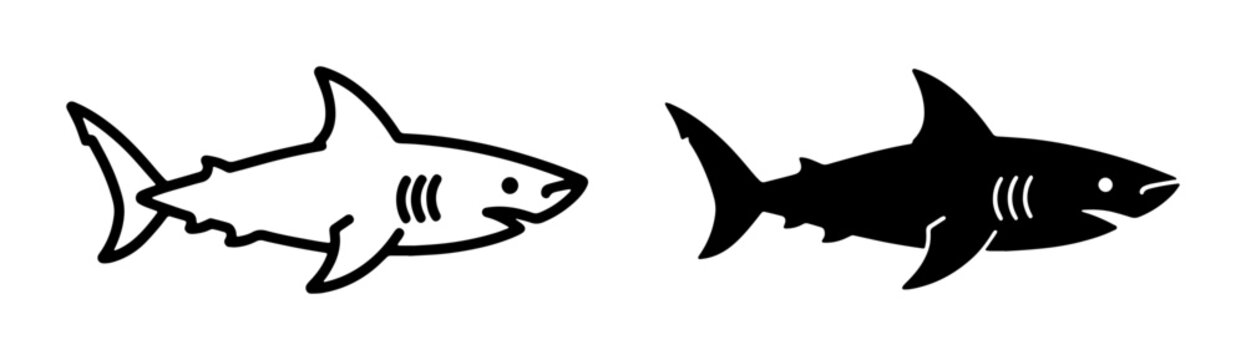 Shark Vector Icons: Black Silhouette and Outline, Marine Life Graphics for Ocean Themes
