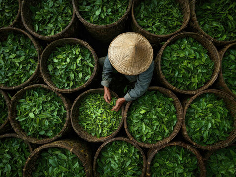 High Angle Overhead View of Tea Plantation Worker Wearing Traditional Conical Straw Hat Sorting Fresh Green Tea Leaves inside Round Woven Bamboo Baskets Agricultural Farming Harvest Concept