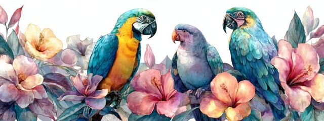 Obraz premium Vibrant Tropical Parrots Perched Among Exquisite Exotic Flowers and Lush Greenery in a Stunning Nature Scene