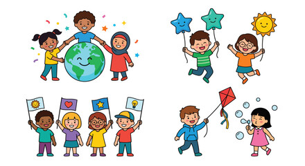 Fototapeta premium children holding hands around earth and with balloons flags and a kite