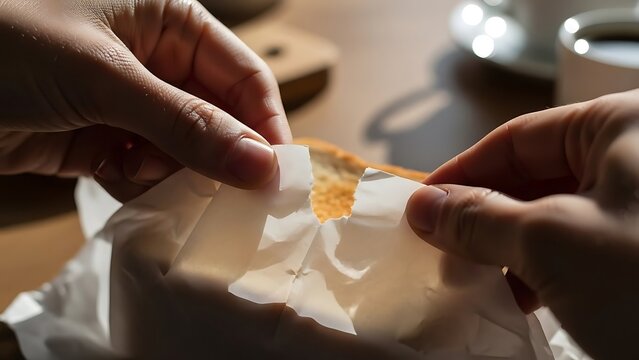 Hands tearing open food wrapping paper.