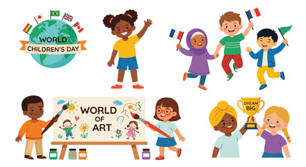 Fototapeta premium children s day illustration with diverse kids and world globe