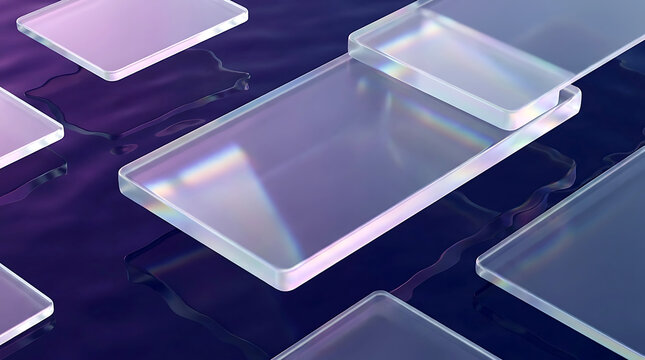 Iridescent glass or acrylic rectangles on dark purple background