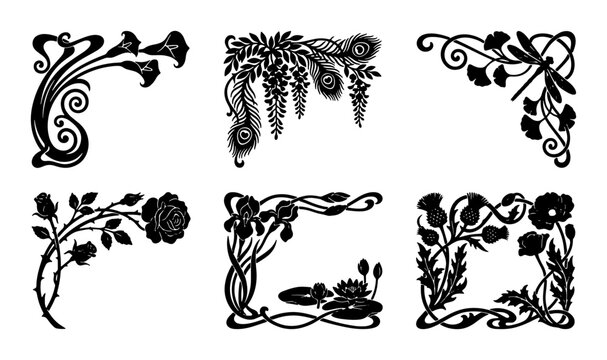 Art Nouveau Floral Corner Ornaments, Elegant Botanical Vector Borders, Vintage Decorative Flourishes, Black and White Graphic Elements