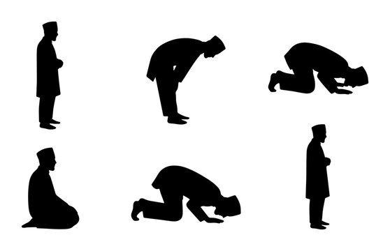 Islamic Prayer Poses Vector Icons, Muslim Man Salat Silhouettes, Rakat Sequence Illustration, Worship and Spirituality Graphics
