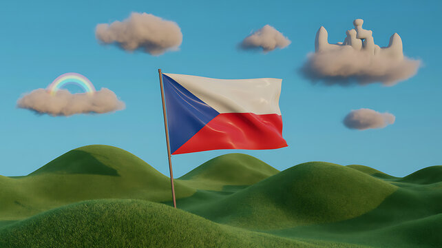 Czech flag waving, green hills landscape, blue sky with clouds