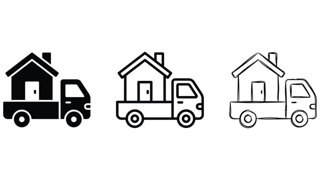 Moving house service icon set with truck carrying a home in three styles
