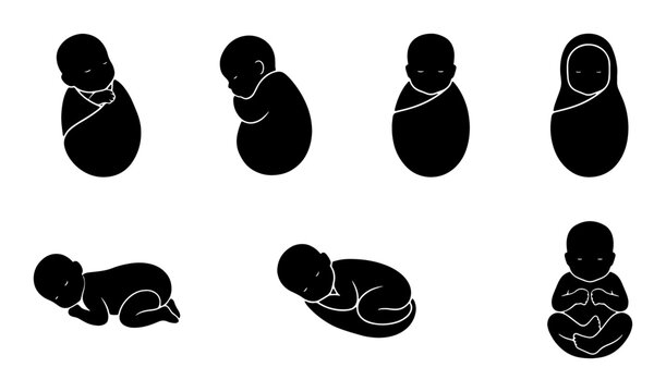 Newborn Baby Poses Vector Icons, Infant Swaddled Silhouettes, Child Development Stages, Black and White Simple Graphics for Maternity and Healthcare