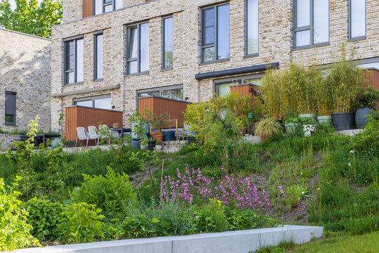 Modern brick townhouses in a suburban area of Ede, Netherlands with landscaped front gardens and large windows