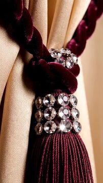 Close-up of jeweled tassel and velvet fabric on display